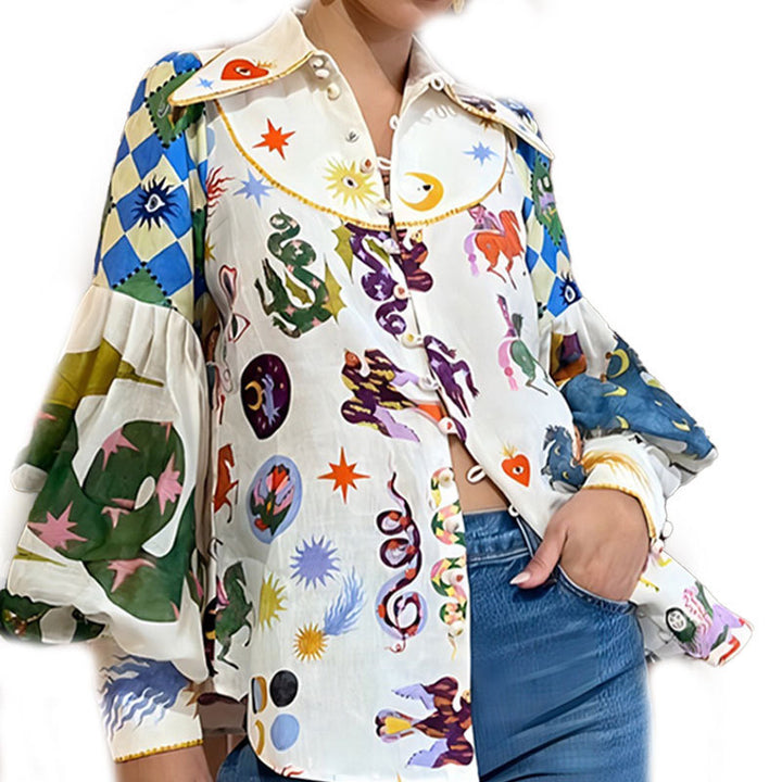 White Abstract Print Oversized Shirt