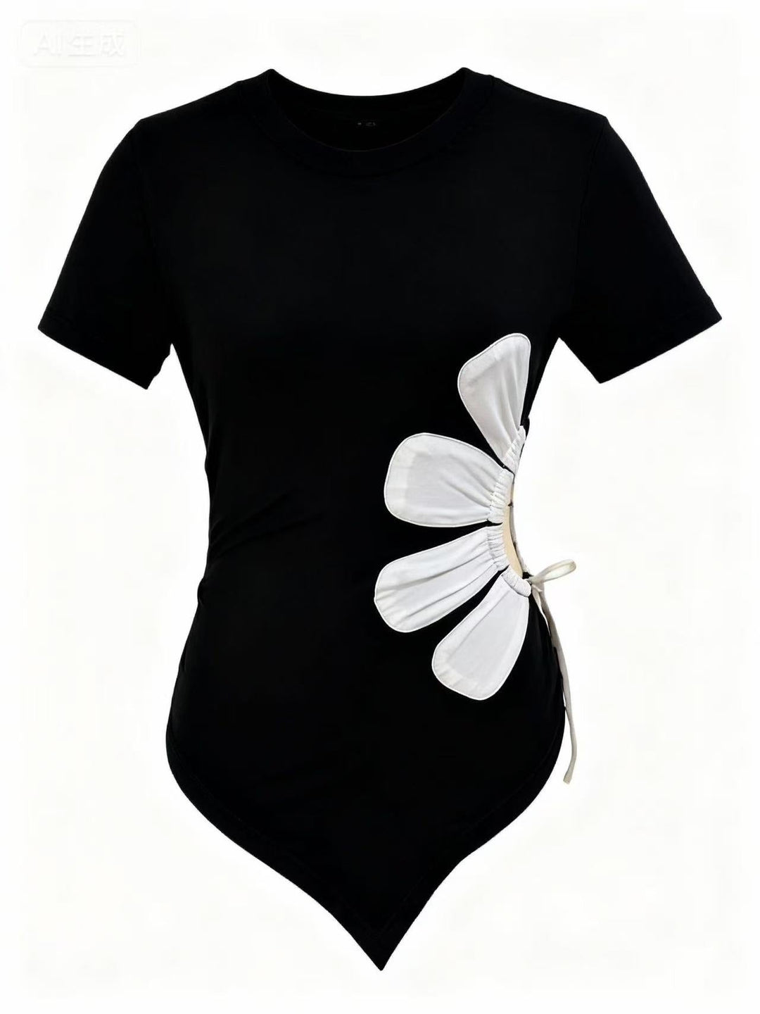 Black Short Sleeve Asymmetrical Hem Waist Detail Top