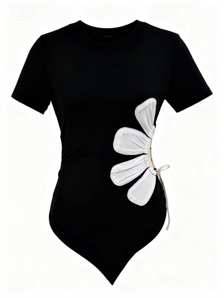 Black Short Sleeve Asymmetrical Hem Waist Detail Top