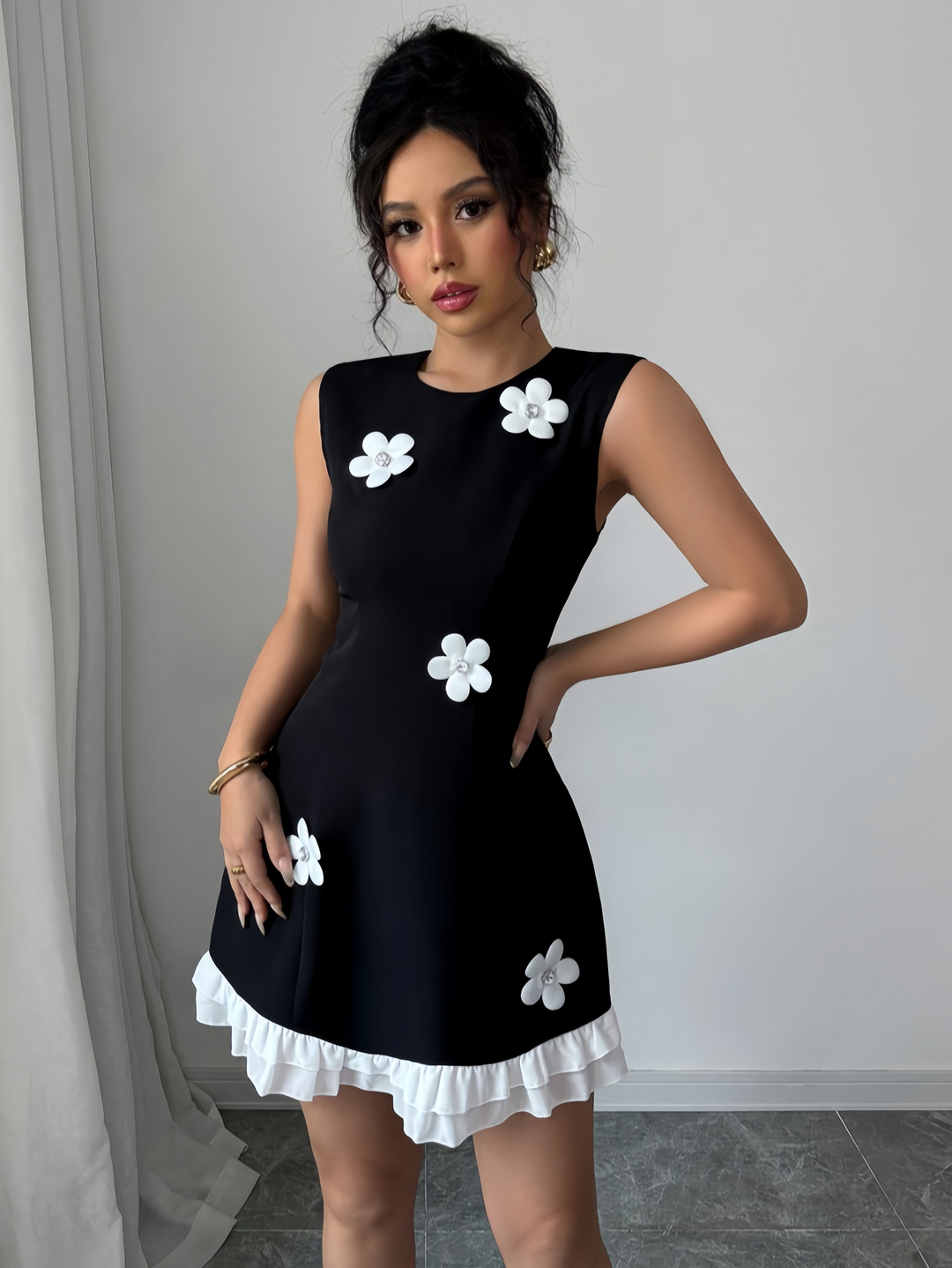Black Crew Neck Ruffle Dress
