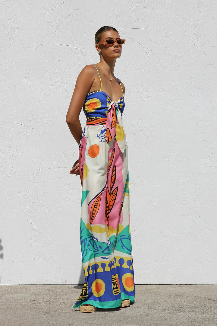 Blue Abstract Printed Spaghetti Strap Front Knot Dress