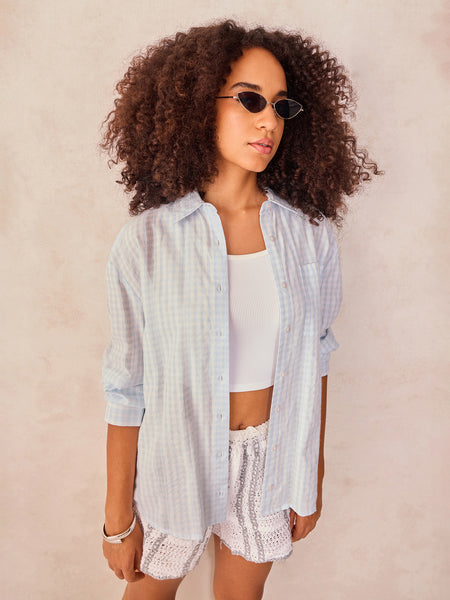 【SATIIIZ】Drew Basic Checkered Shirt Shop Blue Oversized Checkered Shirt - for Women | OUTZIDR