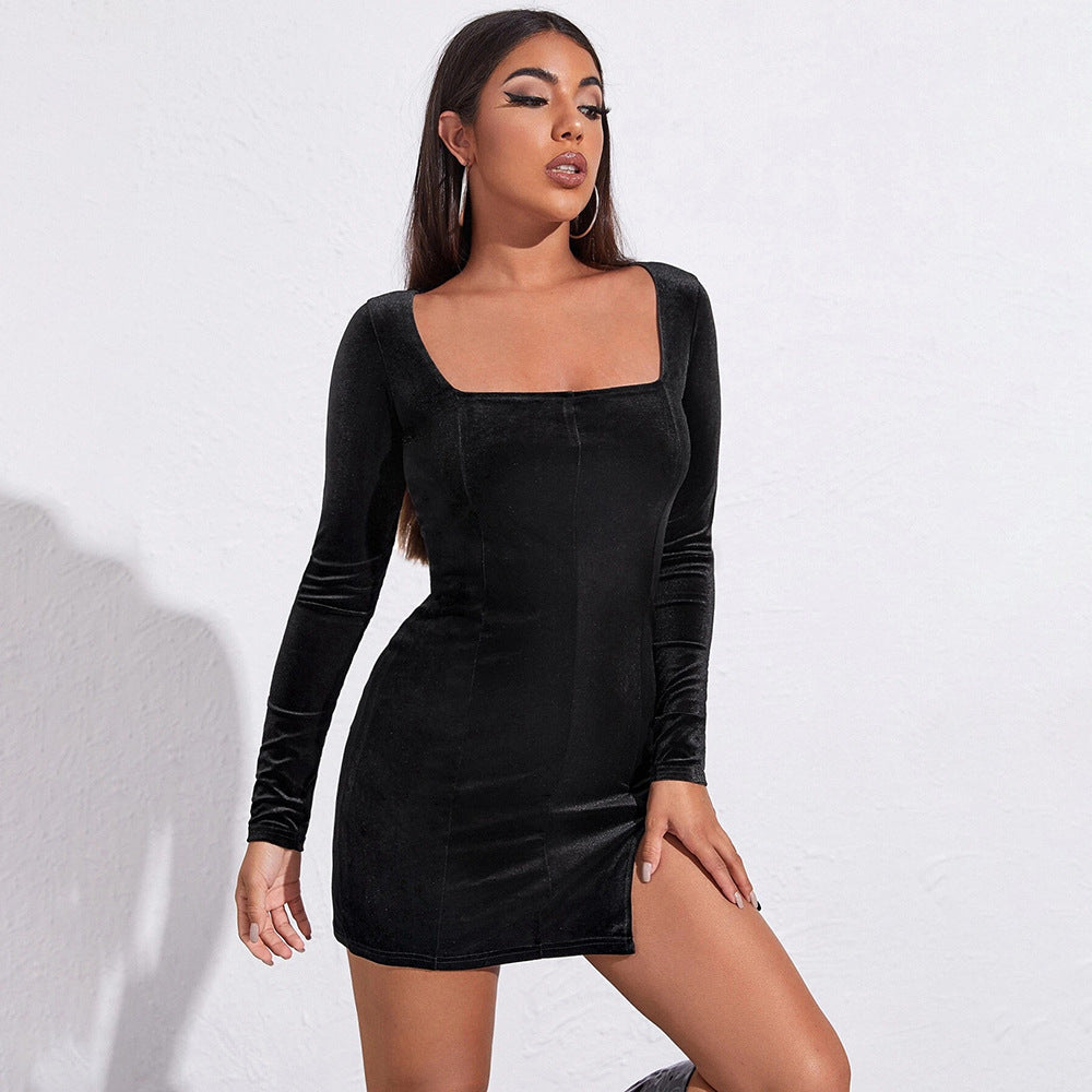 Black Full Sleeve Fitted Side Slit Dress