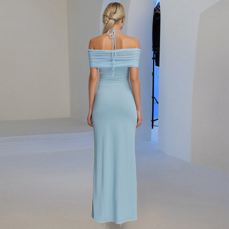 Blue Cold Shoulder Halter Dress