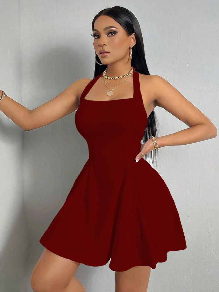 Wine Halter Neck Fitted Dress