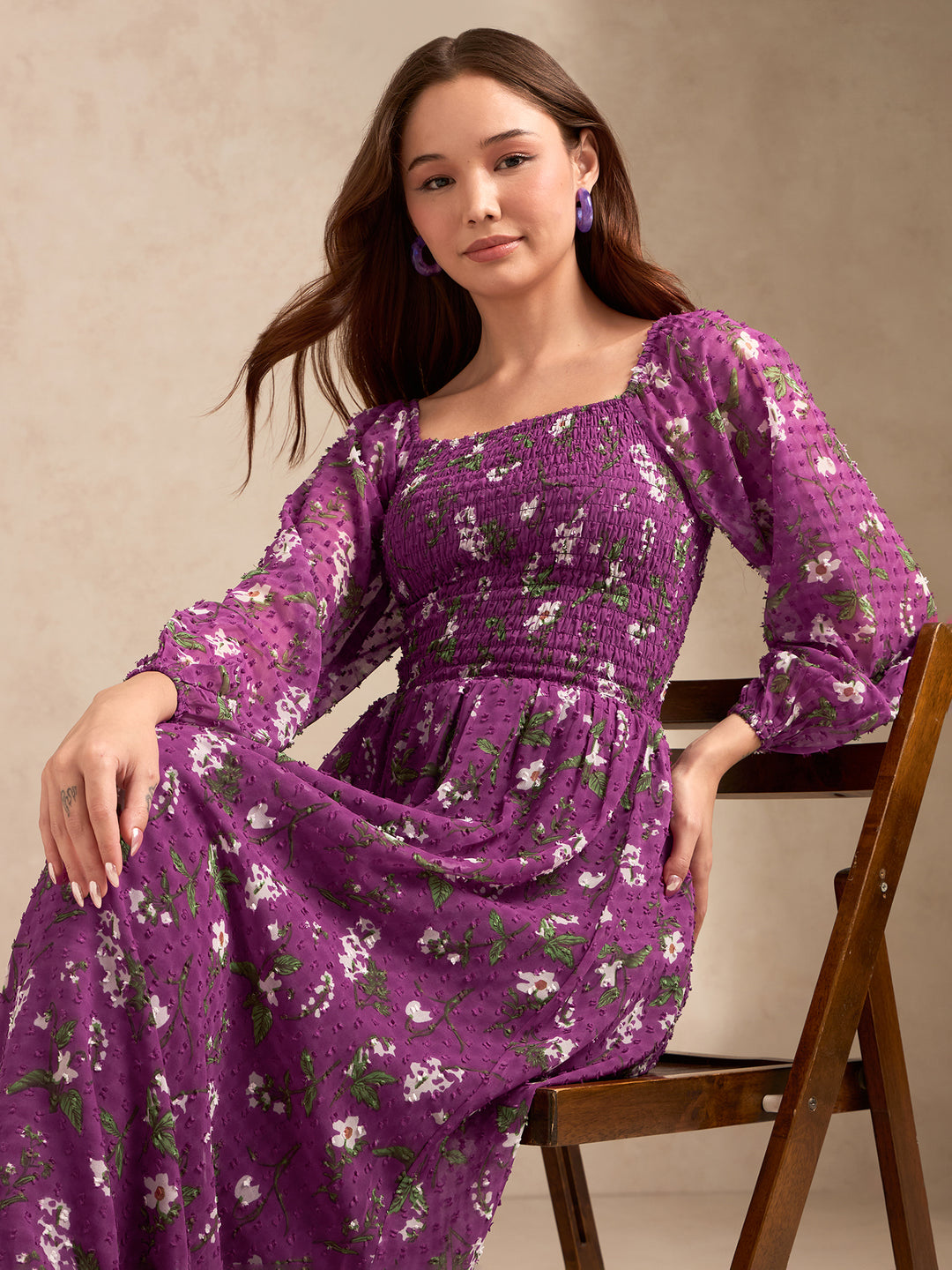 Purple Full Sleeves Printed Maxi Dress