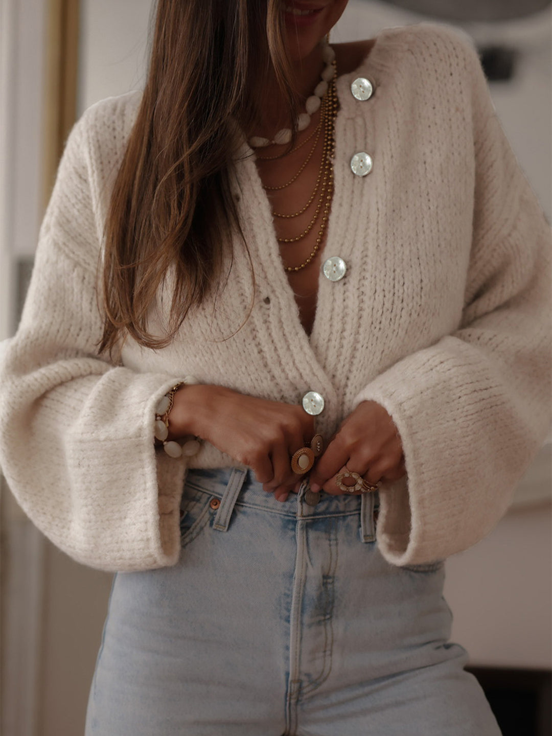 Cream Full Sleeves Button Down Slouchy Cardigans