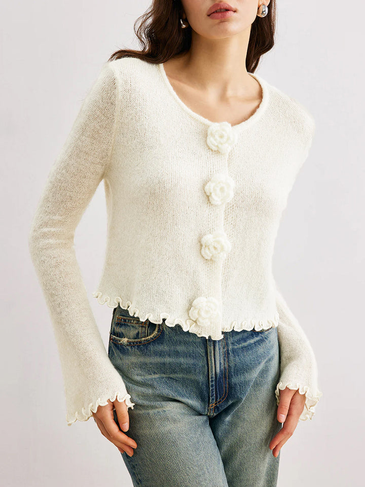 Off White Full Sleeves Flower Button  Solid Cardigan