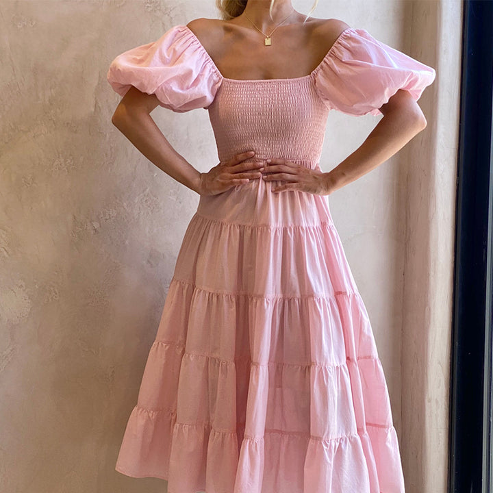 Pink Off Shoulder Tier Dress With Smocking