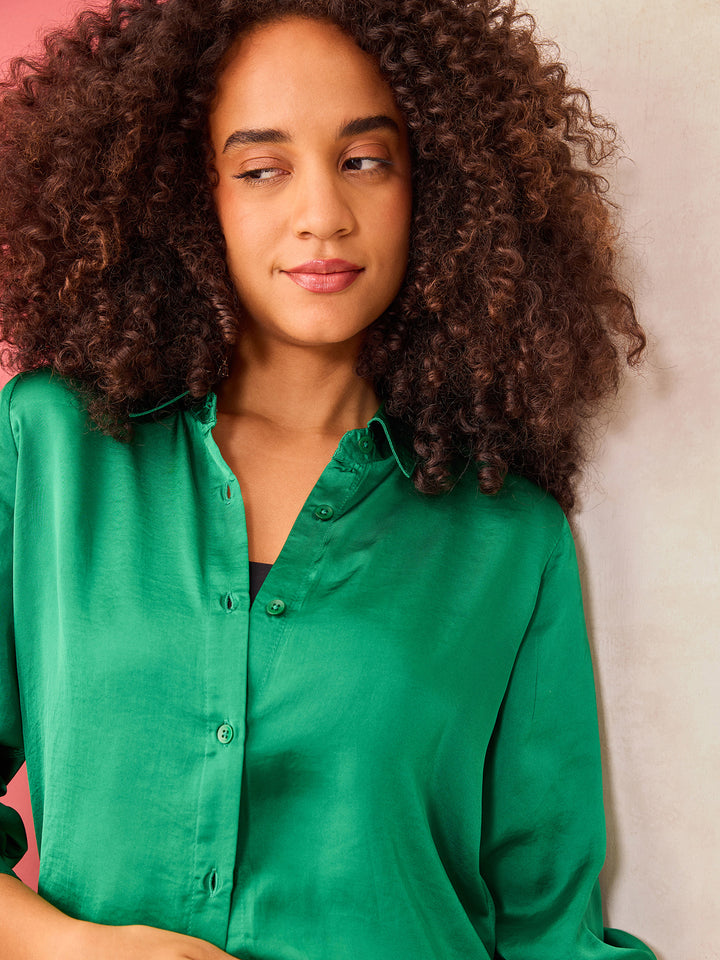 Green Relaxed Fit Satin Shirt