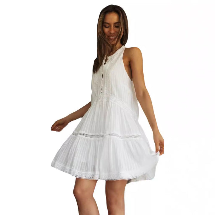 White High Neck Mandarin Collared Flowy Dress