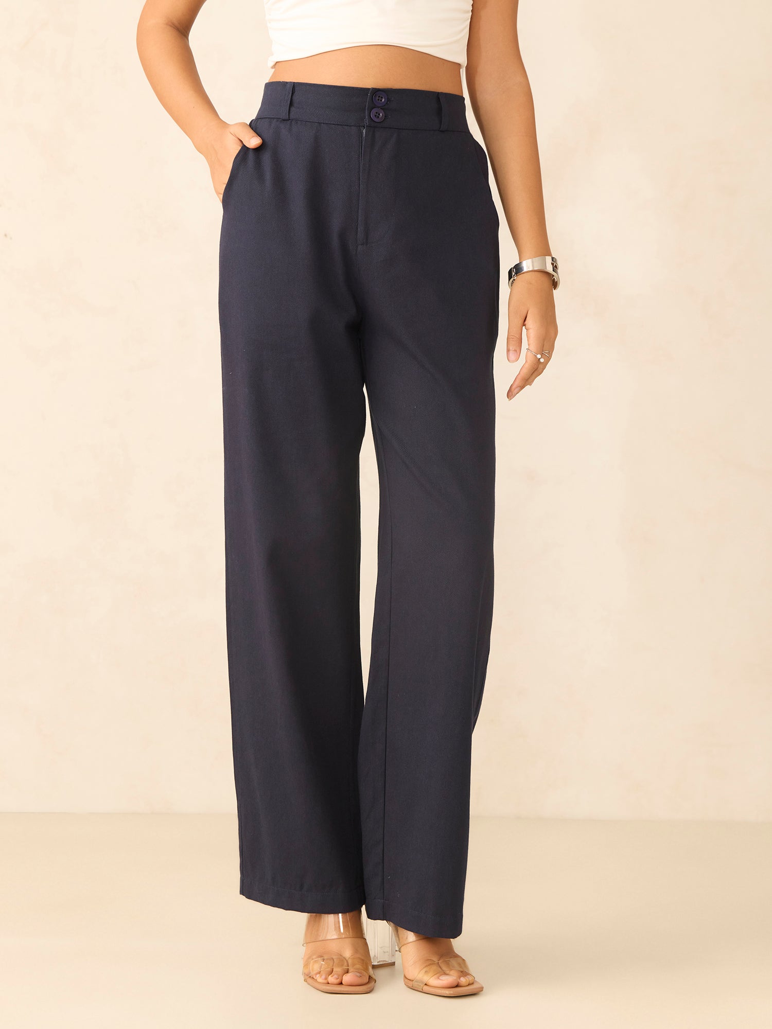 Navy Blue Tapered Fit High-Rise Trouser