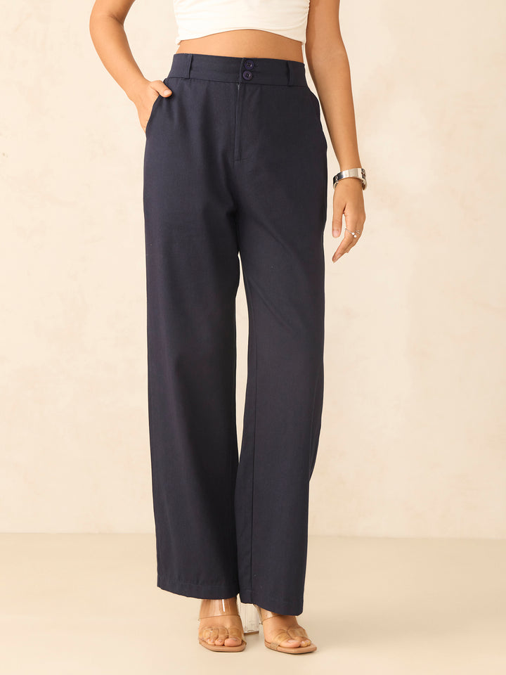 Navy Blue Tapered Fit High-Rise Trouser
