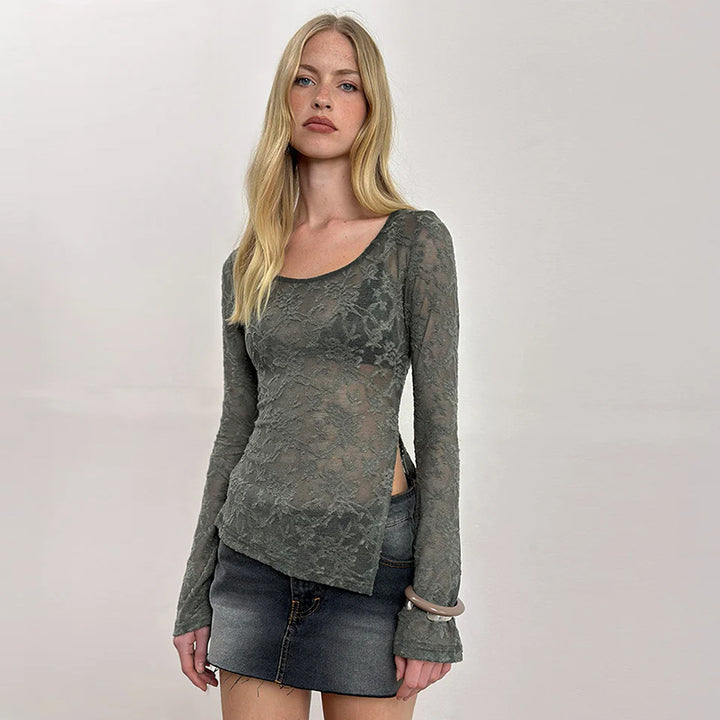 Olive Sheer lace scoop neck top