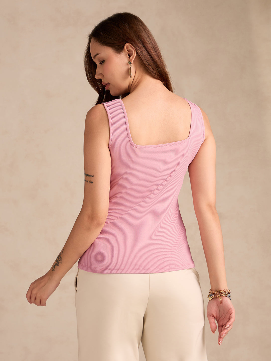 Pink Square Neck Tank Top With Rosette Detail