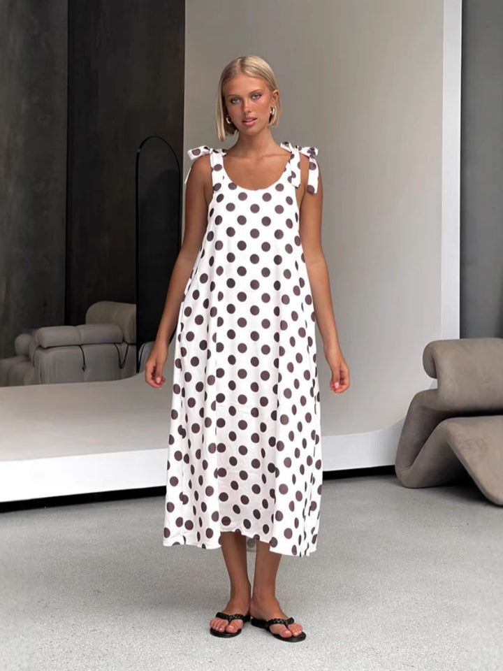 White Shoulder Tie-Up Polka Dot Dress