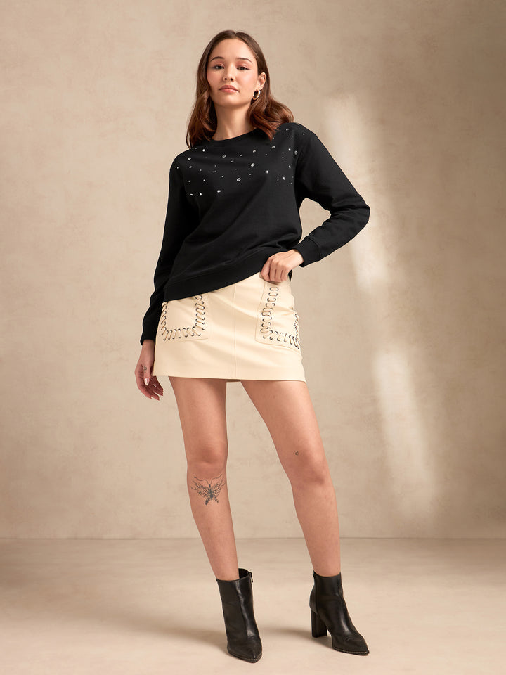 Black Metal Studded Solid Sweatshirt