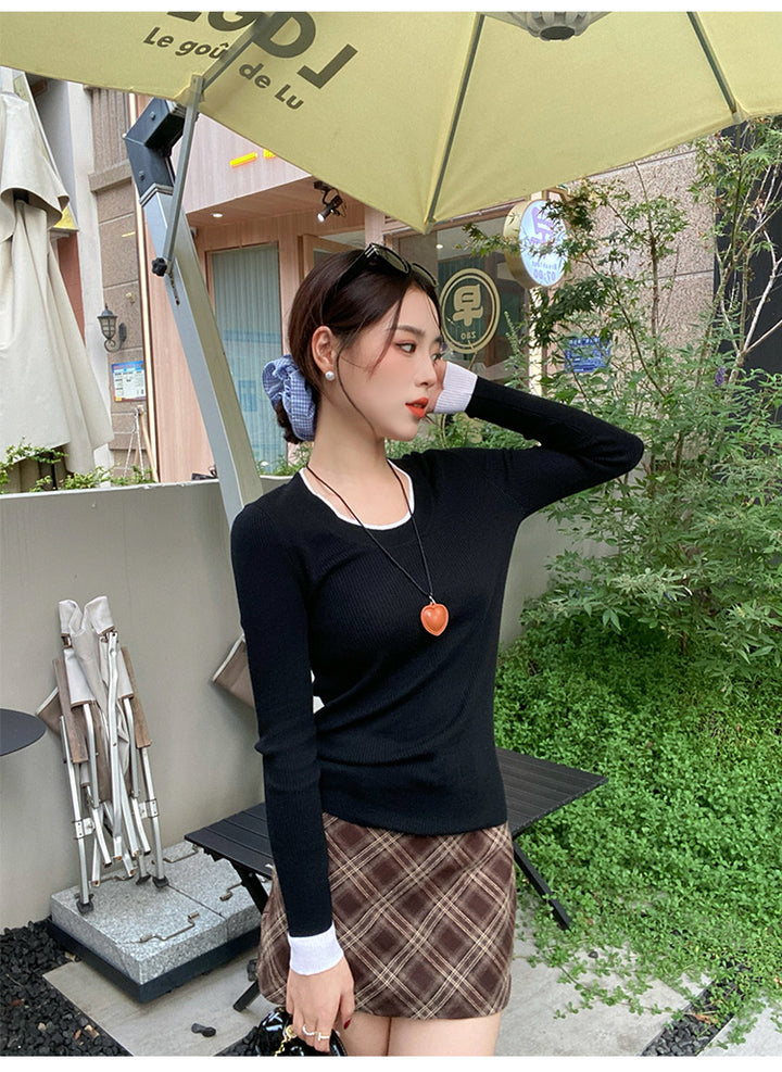 Black Full Sleeve Contrast Hem Top