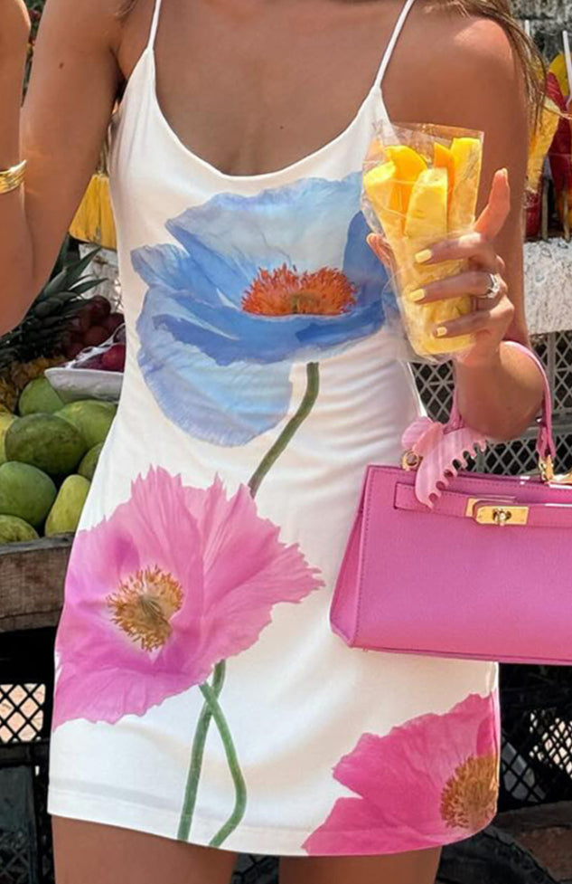 White Floral Print Slip Dress