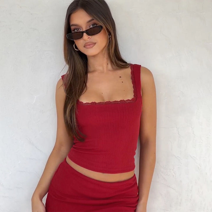 Red Square Neck Top With Lace Inserts