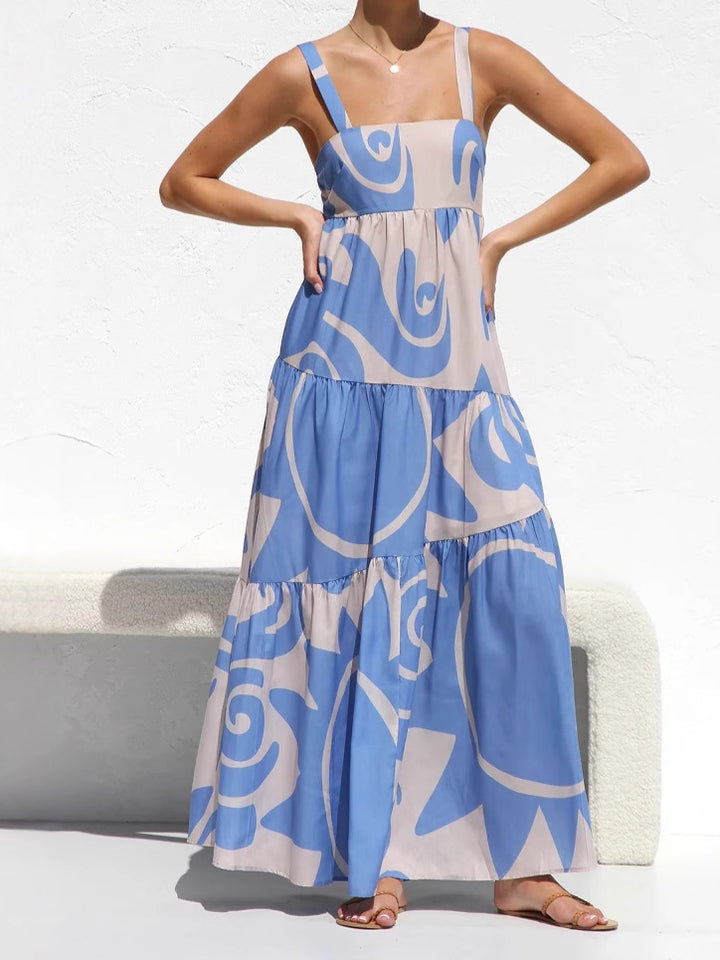 Blue Flared Tiered Maxi Dress With Straps