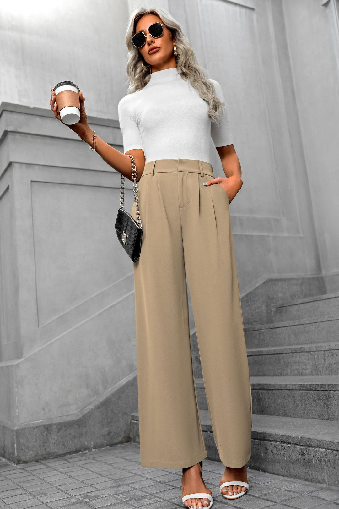 Khaki Waist Band Pleated Straight Fit Pants