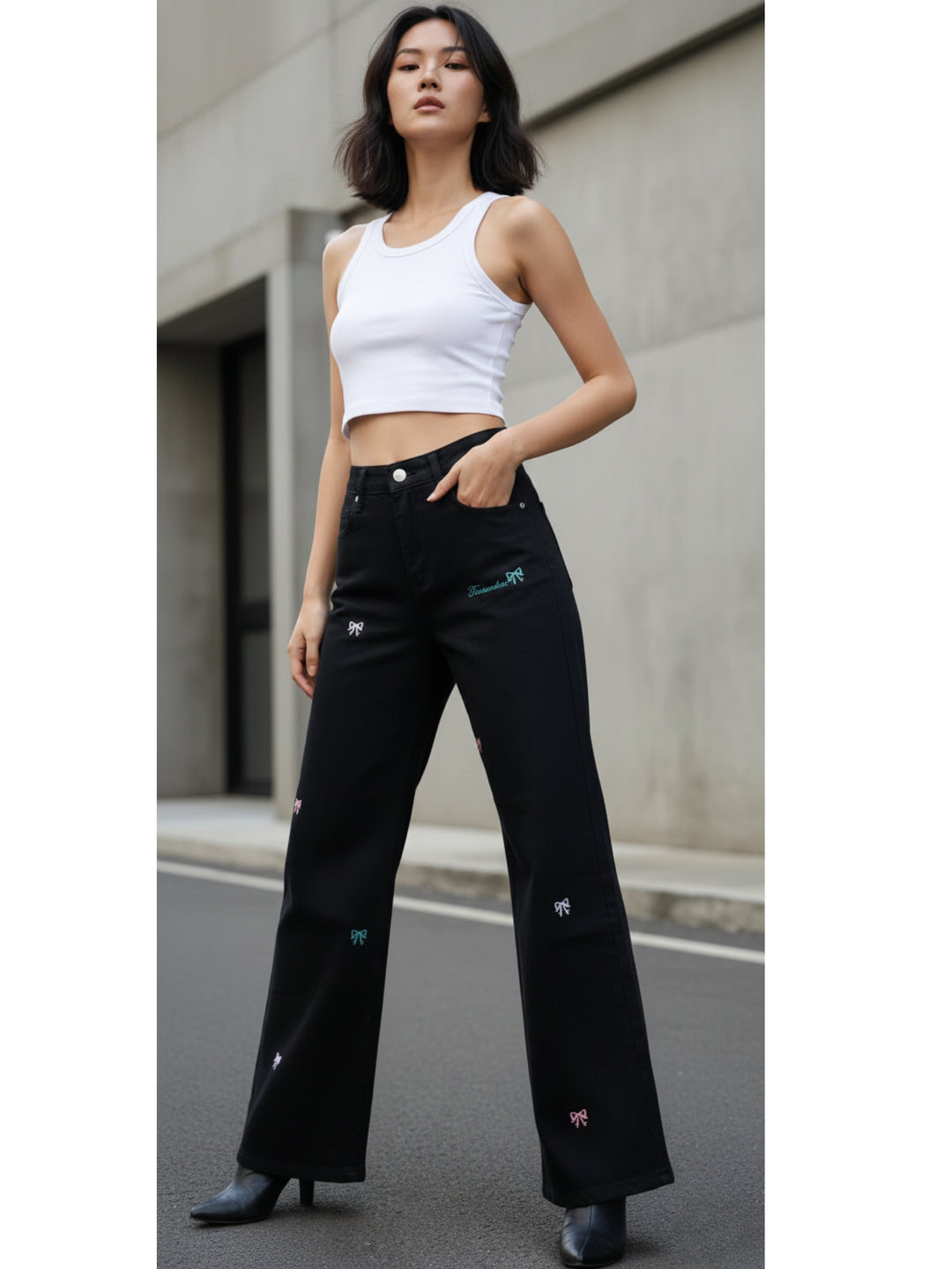Black High Waist Bow Printed Wide Leg Jeans