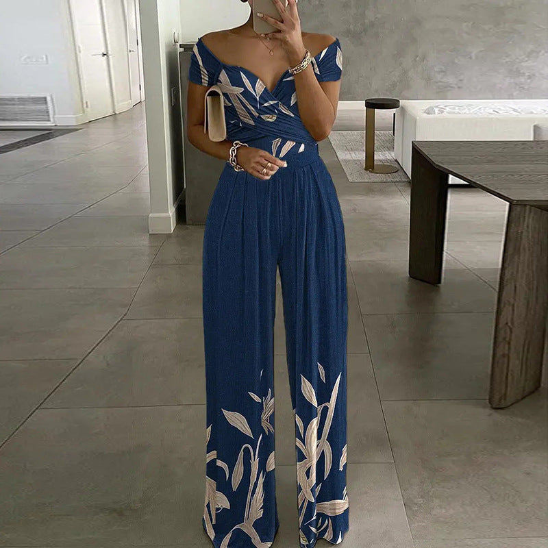 Blue Floral Printed Wide Leg Jumpsuit