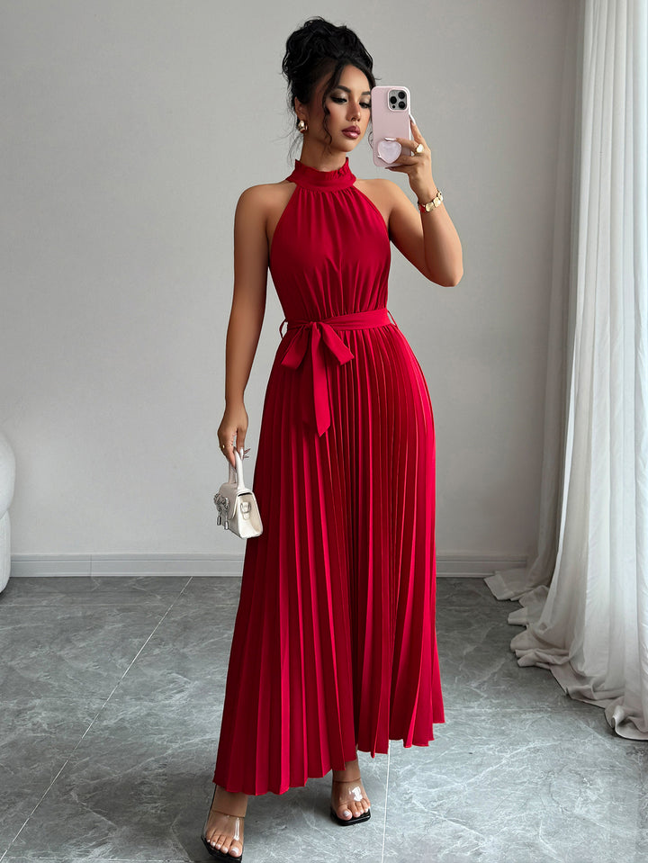 Red Halter Neck Pleated Textured Dress