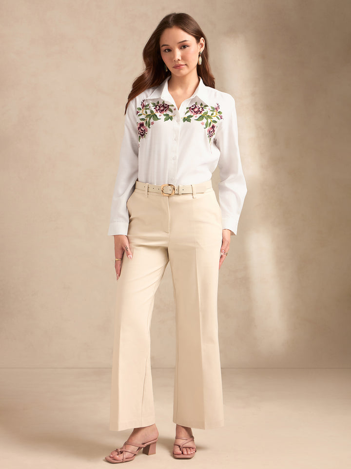 Off White Boxy Shirt With Embroidery Detail