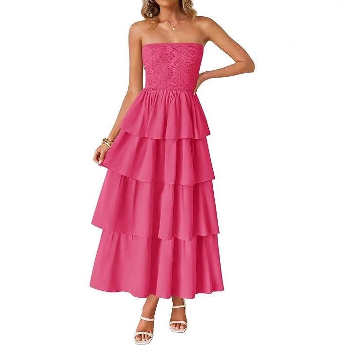 Pink Tube Smoked Dress With Ruffled Layers