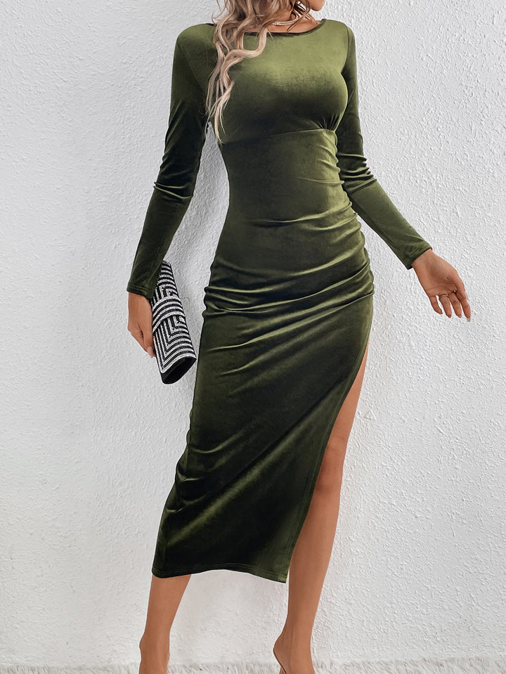 Olive Velour Fitted Side Slit Dress