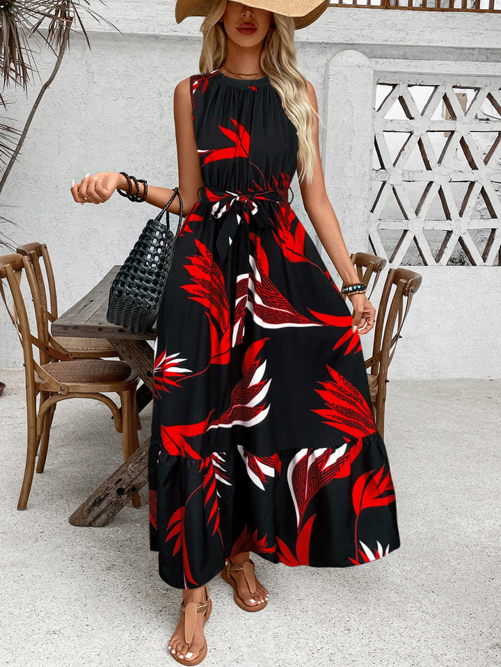 Black Printed A Line Belt Tie Up Dress