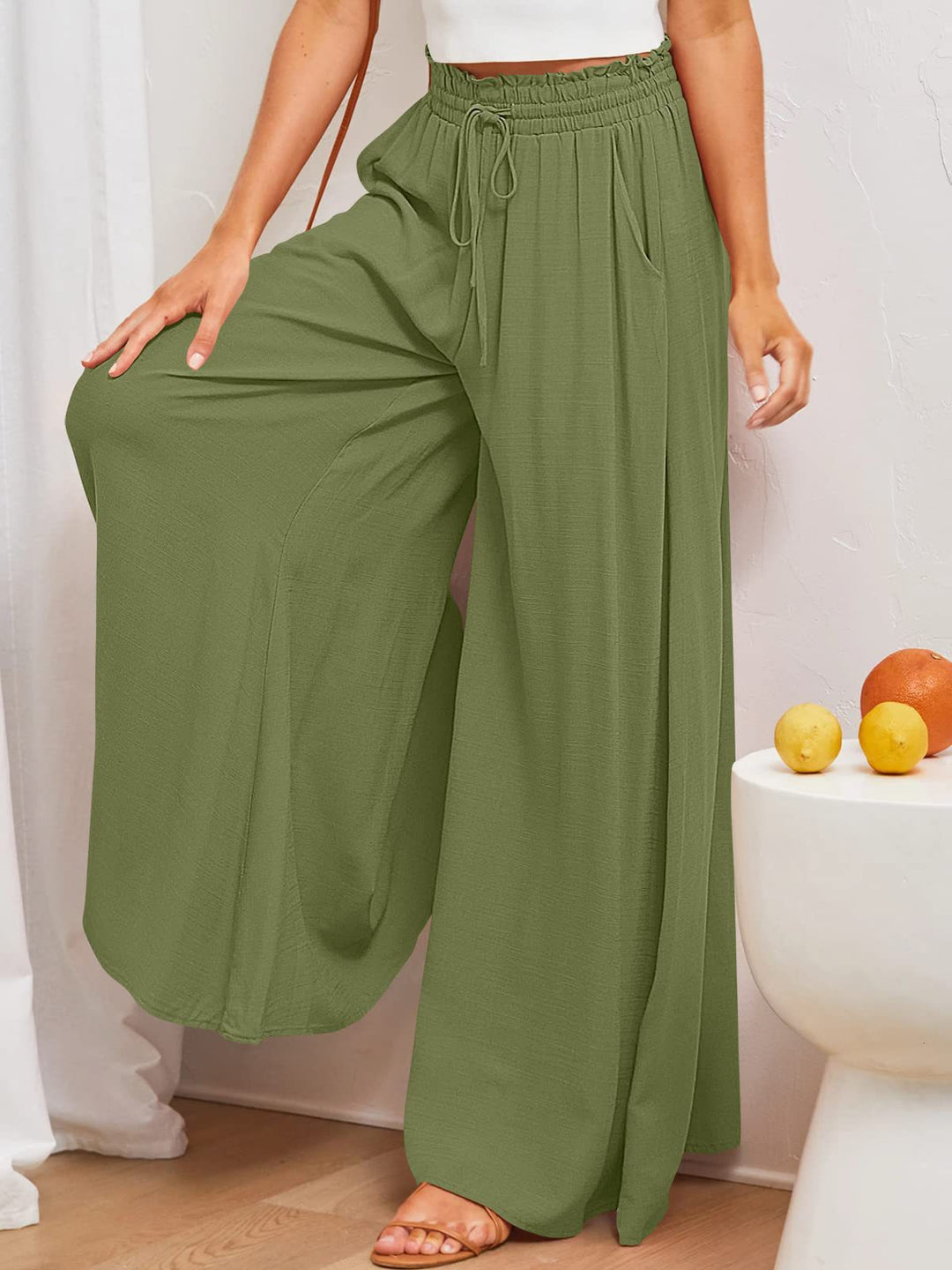 Olive Elasticated Waist Band Wide Leg Trouser