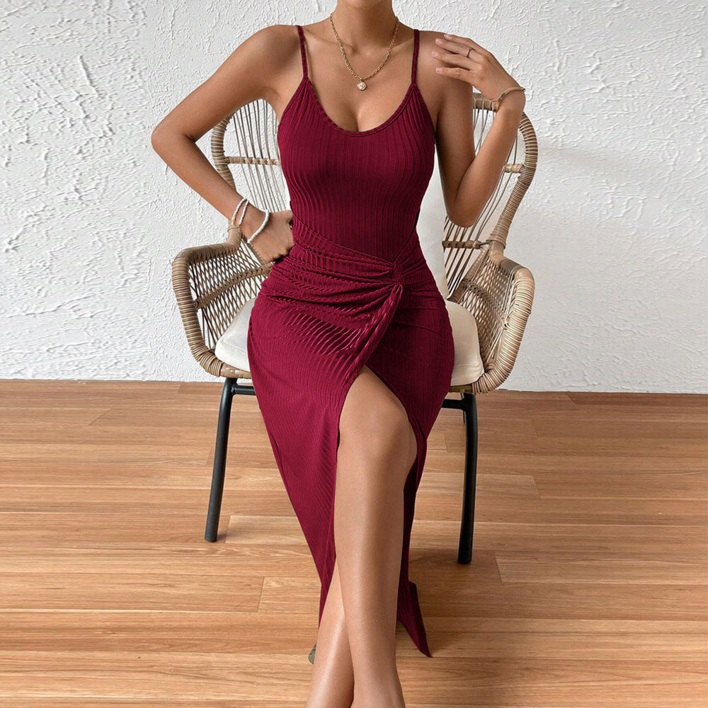 Wine Sleeveless Waist Twisted Dress