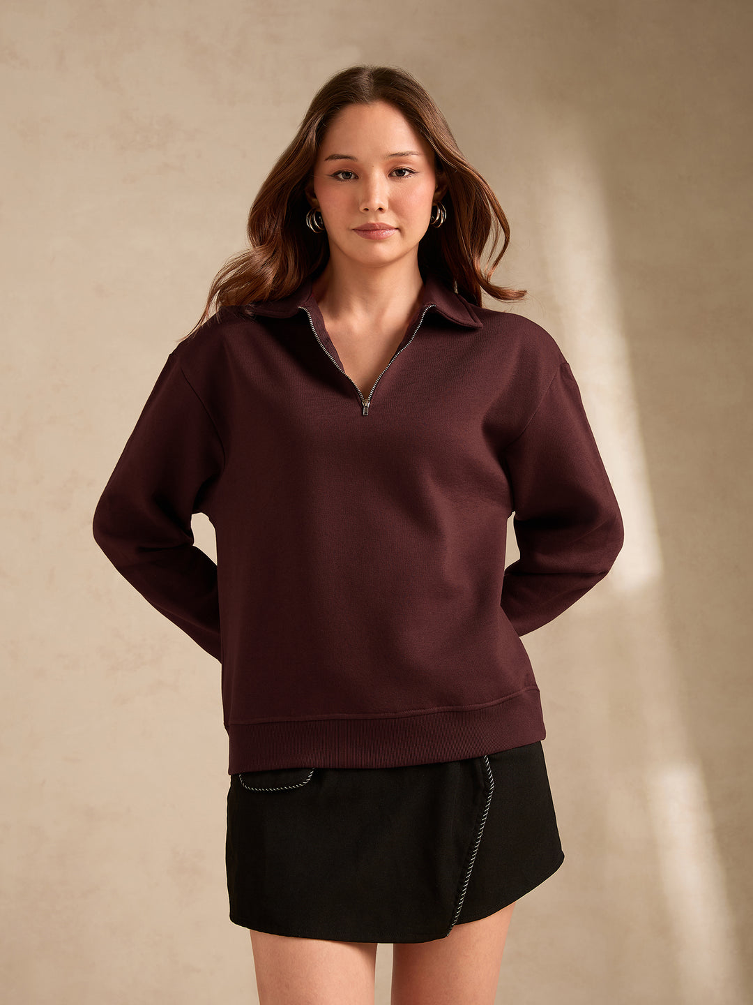Brown Solid Oversized Zipper Sweatshirt