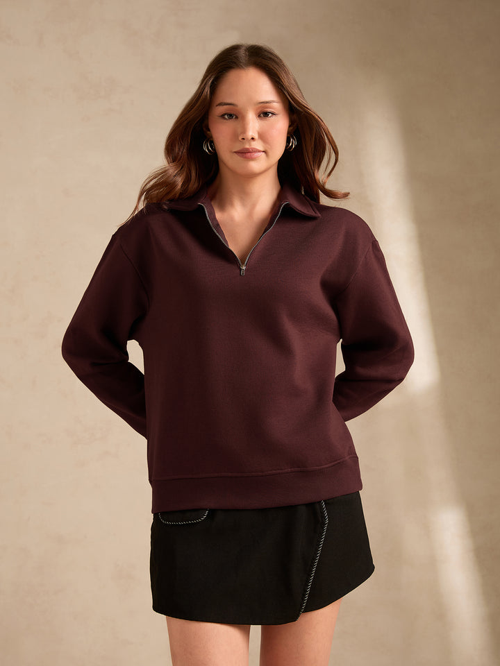 Brown Solid Oversized Zipper Sweatshirt