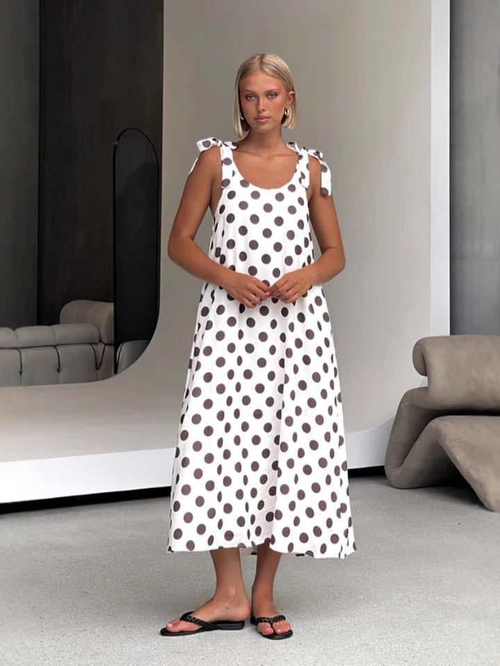 White Shoulder Tie-Up Polka Dot Dress