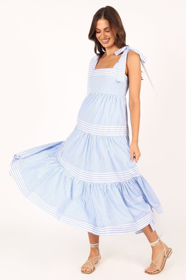 Blue Bow Tie-Up Tiered Dress