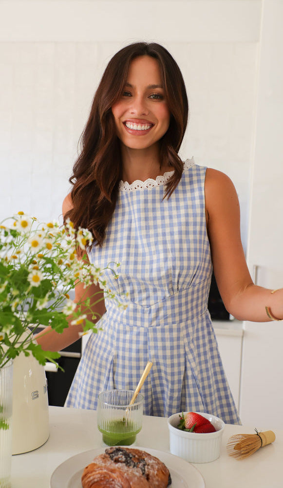 Blue Checkered High Neck Mini Dress