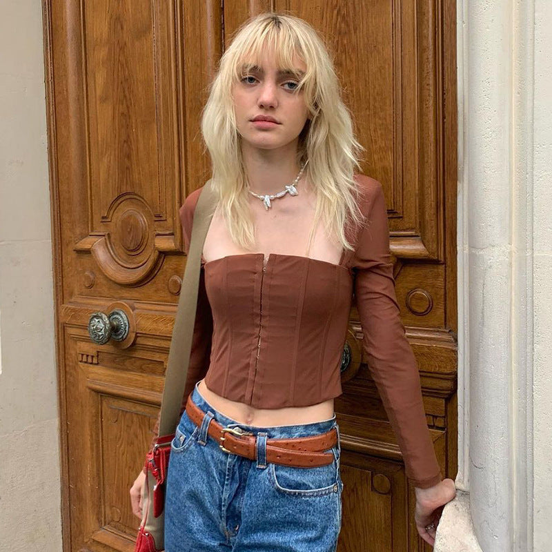 Brown Front Zip Square Neck Top