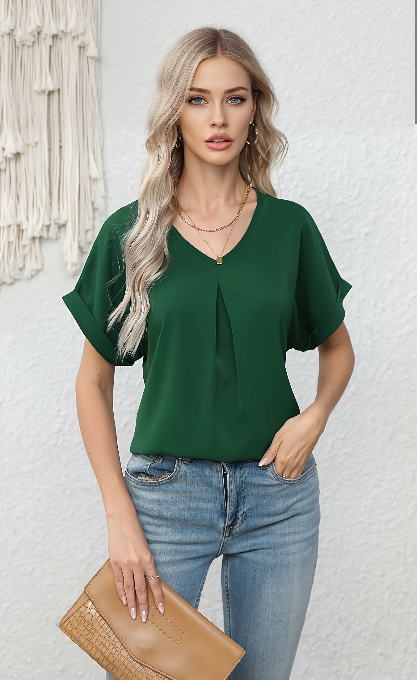 Green Folded Sleeves Relaxed Blouse