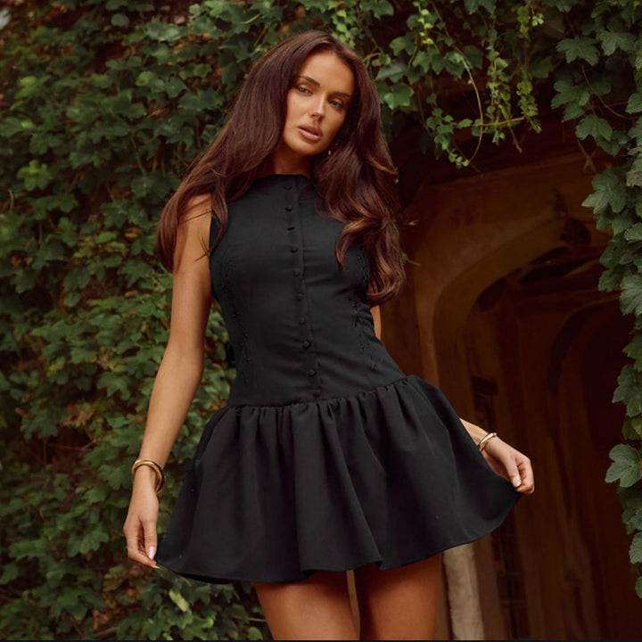 Black Sleeveless Front Open Skater Dress
