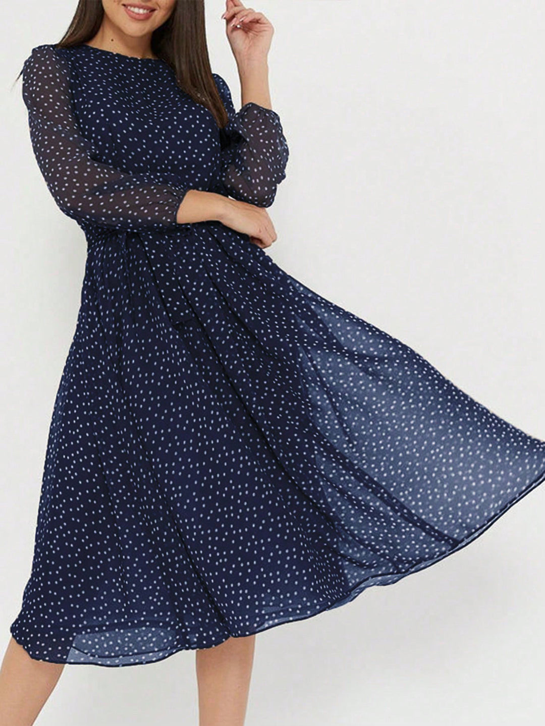 Navy Blue Printed High Neck Midi Dress