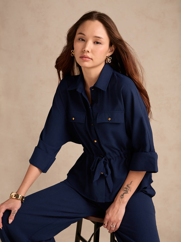 Navy Blue Coord Set With Oversized Utility Shirt With Wide Leg Touser In Elevated Textured Fabric