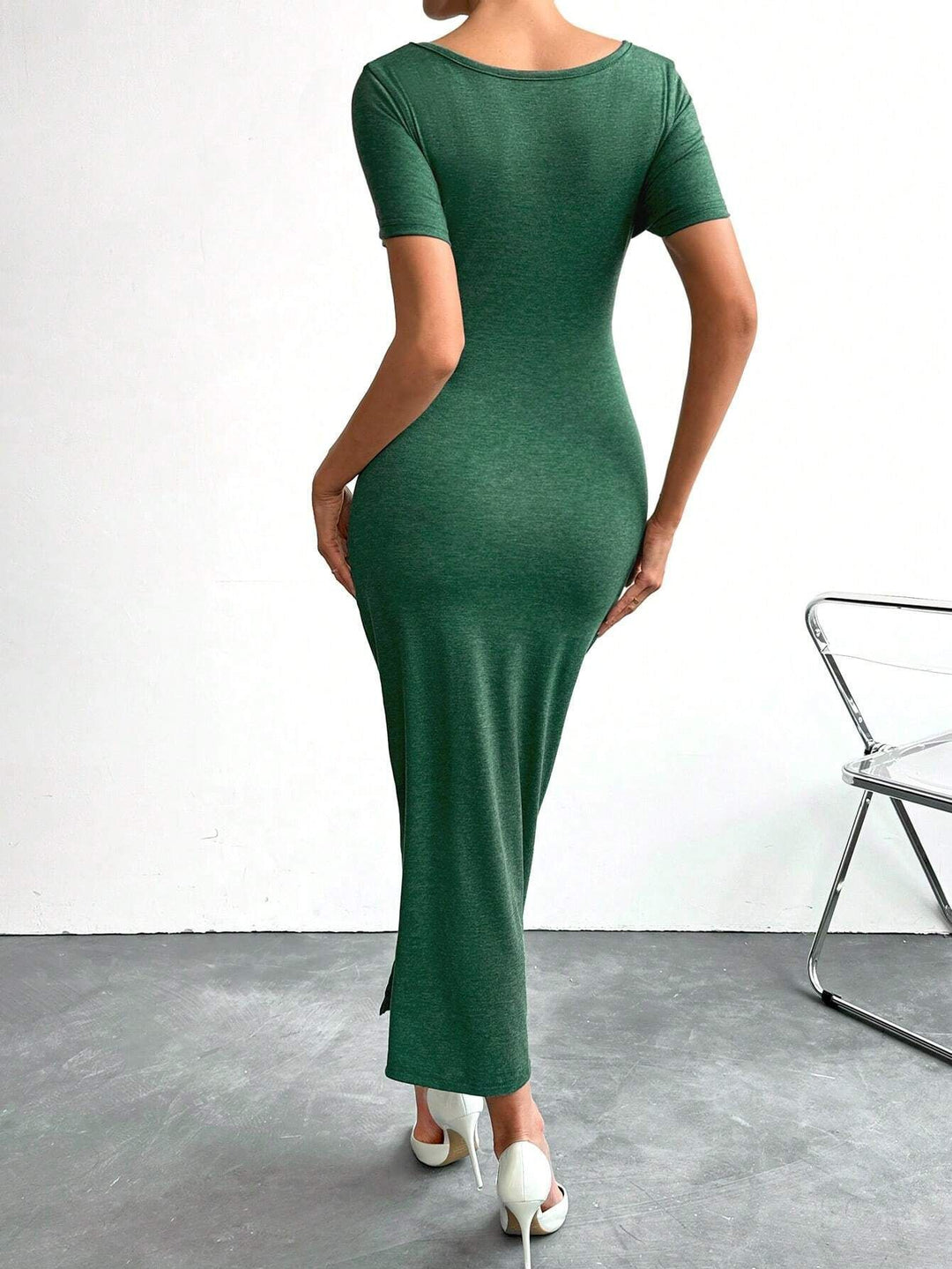 Green Half Sleeved Ruched Bodycon Dress