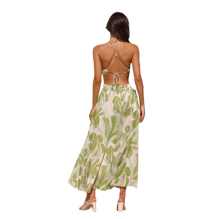 Green Halter Neck Printed Cut Out Dress
