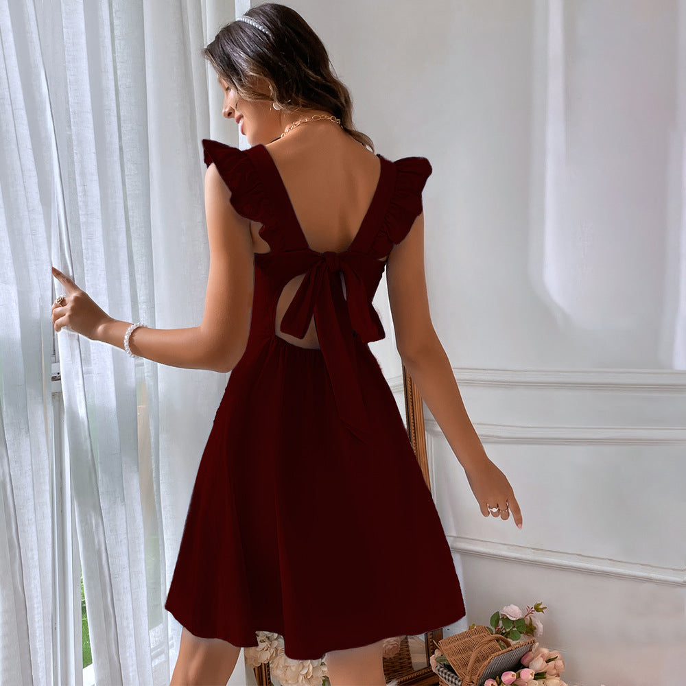 Wine Ruffle Sleeve Dress