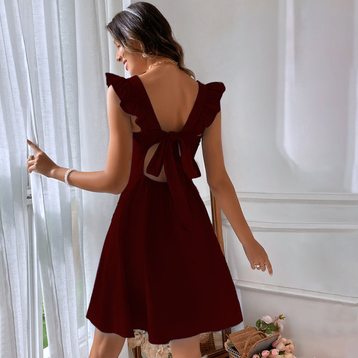 Wine Ruffle Sleeve Dress