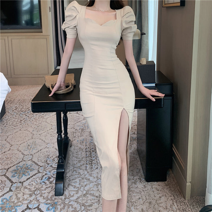 Khaki Sweetheart Neck Line Slit Dress
